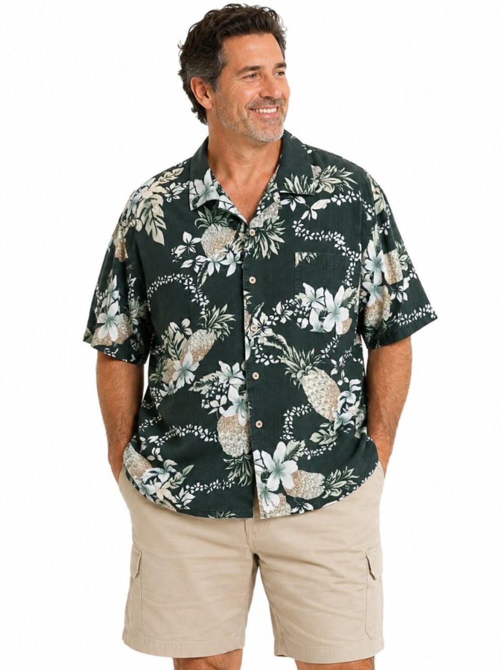 Danielle Men's Linen Blend Green Hawaiian Island Aloha Button Front Shirt